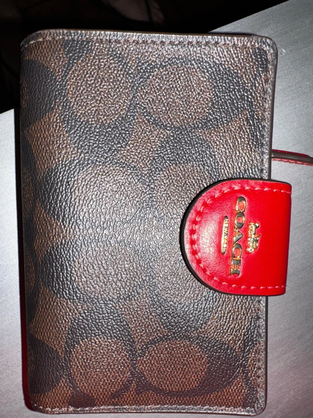 Coach Like New Red & Brown Signature Corner Zip Canvas Wallet - MSRP $198